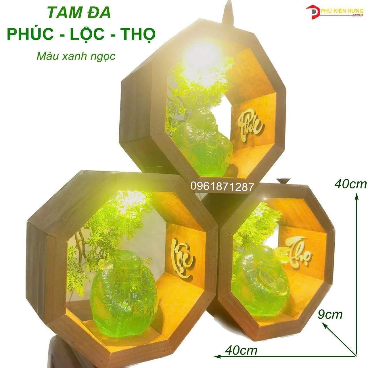 tam đa phúc lộc thọ màu xanh ngọc trong hộp gỗ
