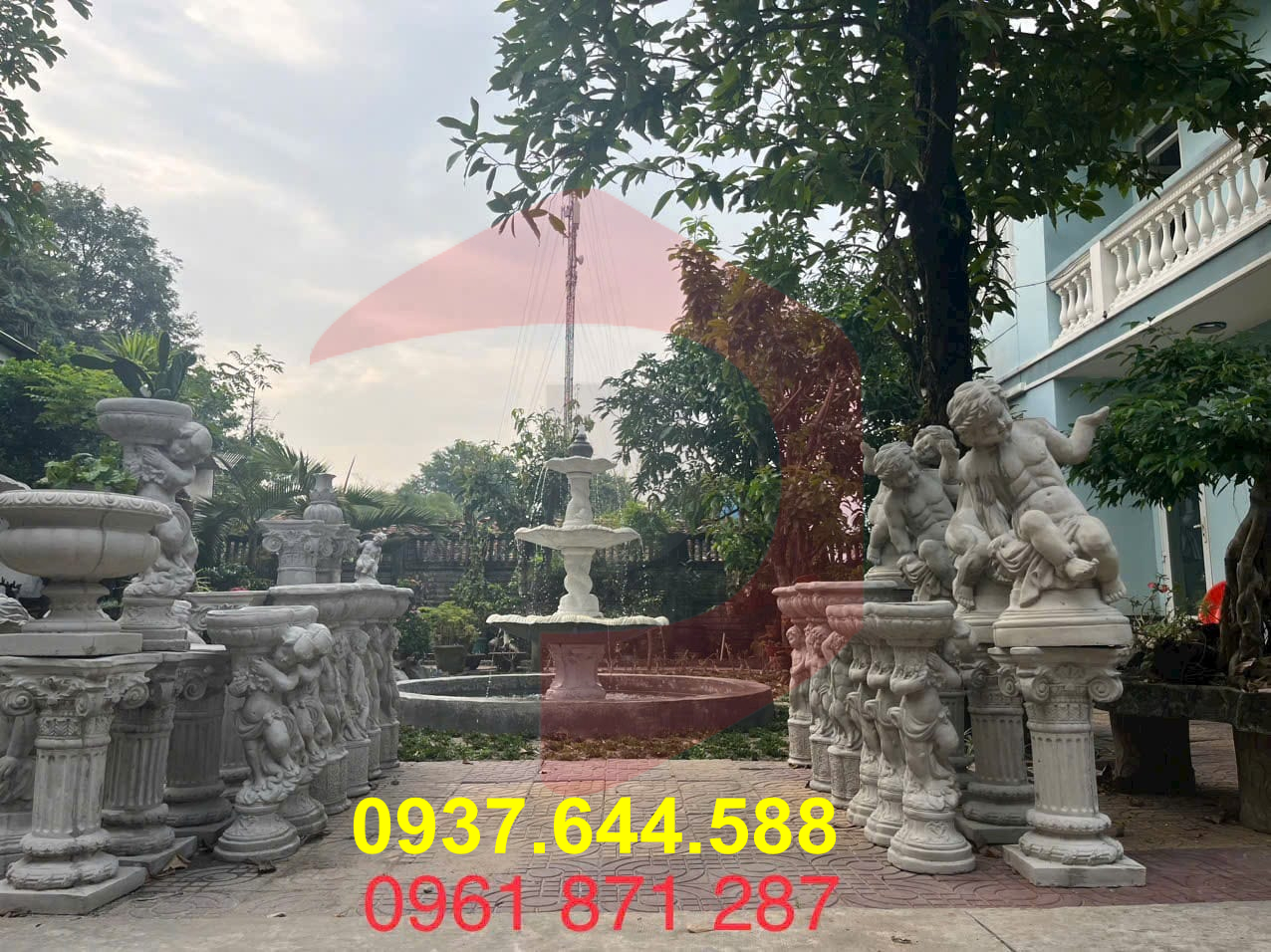 Đài Phun nước bê tông 3 tầng trụ rồng cùng nhiều tượng trang trí sân vườn giá rẻ