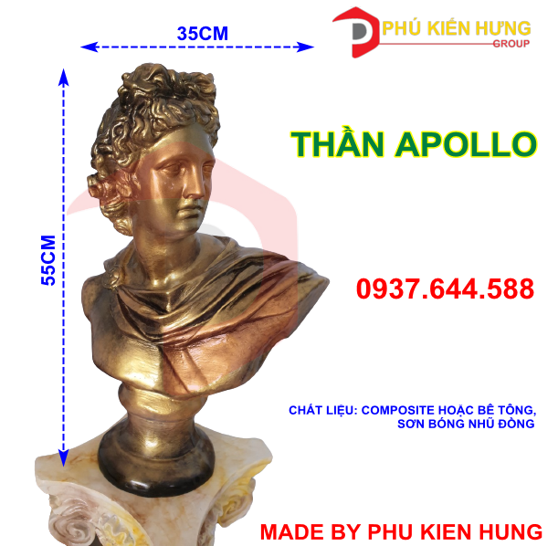 Tượng thần APOLLO cao 55cm làm bằng chất liệu nhựa composite sơn phủ nhũ đồng